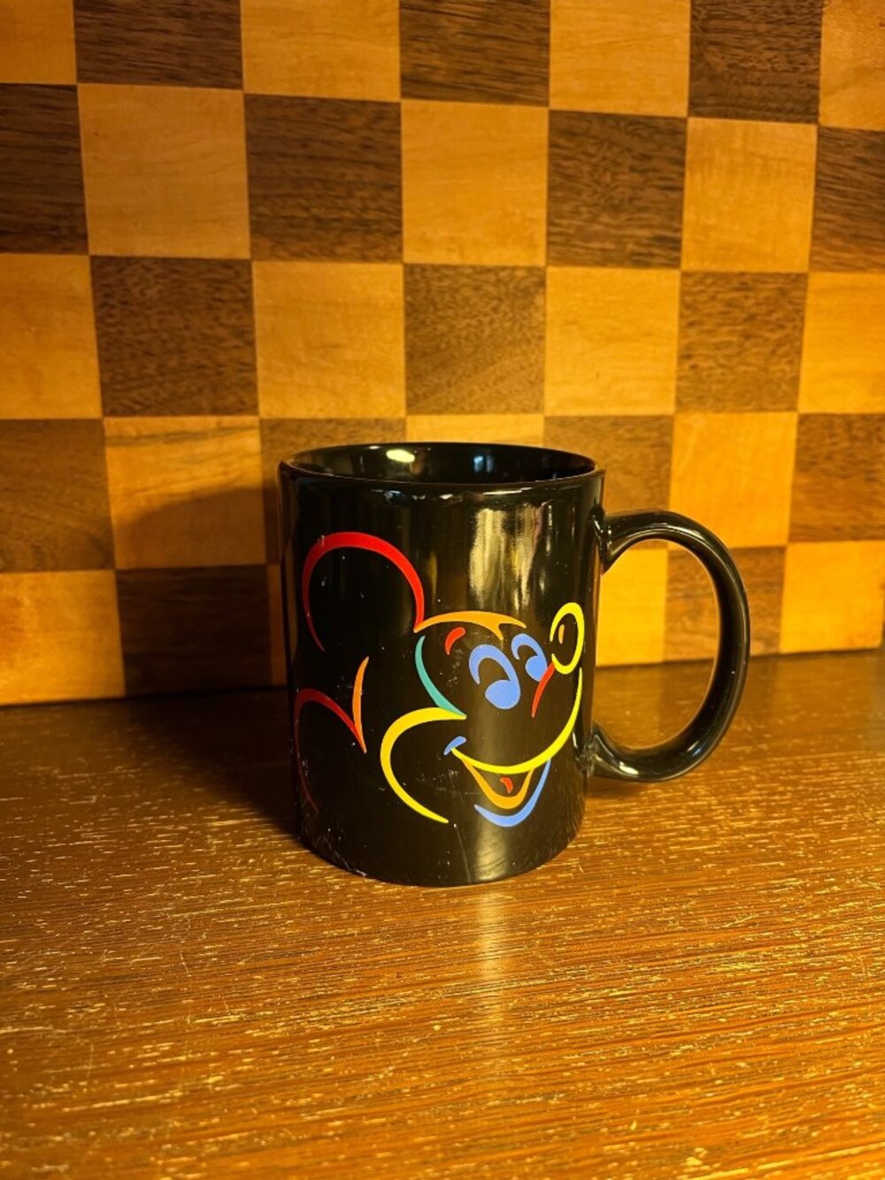 Neon Mickey Coffee Cup, small chip base of handle A1010